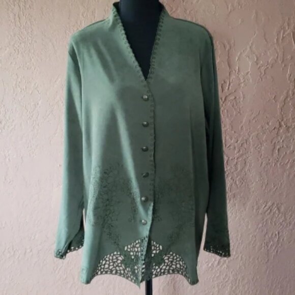 Susan Graver Style Long Sleeve Button Down V-neck Blouse Green 1X - Picture 1 of 7